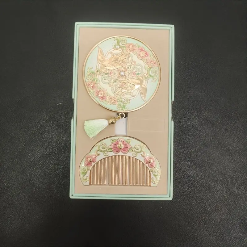 Unisex 2-Piece Vintage Hair Styling Set - Enamel Flower Comb, Small Travel Size Portable Metal Mirror, Beauty Accessory for Makeup Enthusiasts, 2-Piece Set