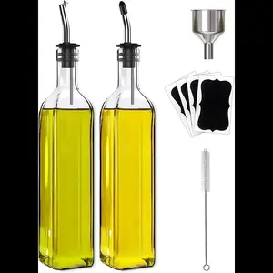 Olive Oil Dispenser Bottle, 2 Pcs Glass Olive Oil Dispenser and Vinegar Dispenser Set with 2 Stainless Steel Pourers, 4 Labels,1 Brush and 1 Funnel Oil Bottles for Kitchen (500ml)