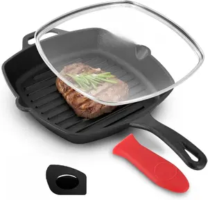 Megachef 10.4 Inch Pre-Seasoned Cast Iron Griddle with Tempered Glass Lid