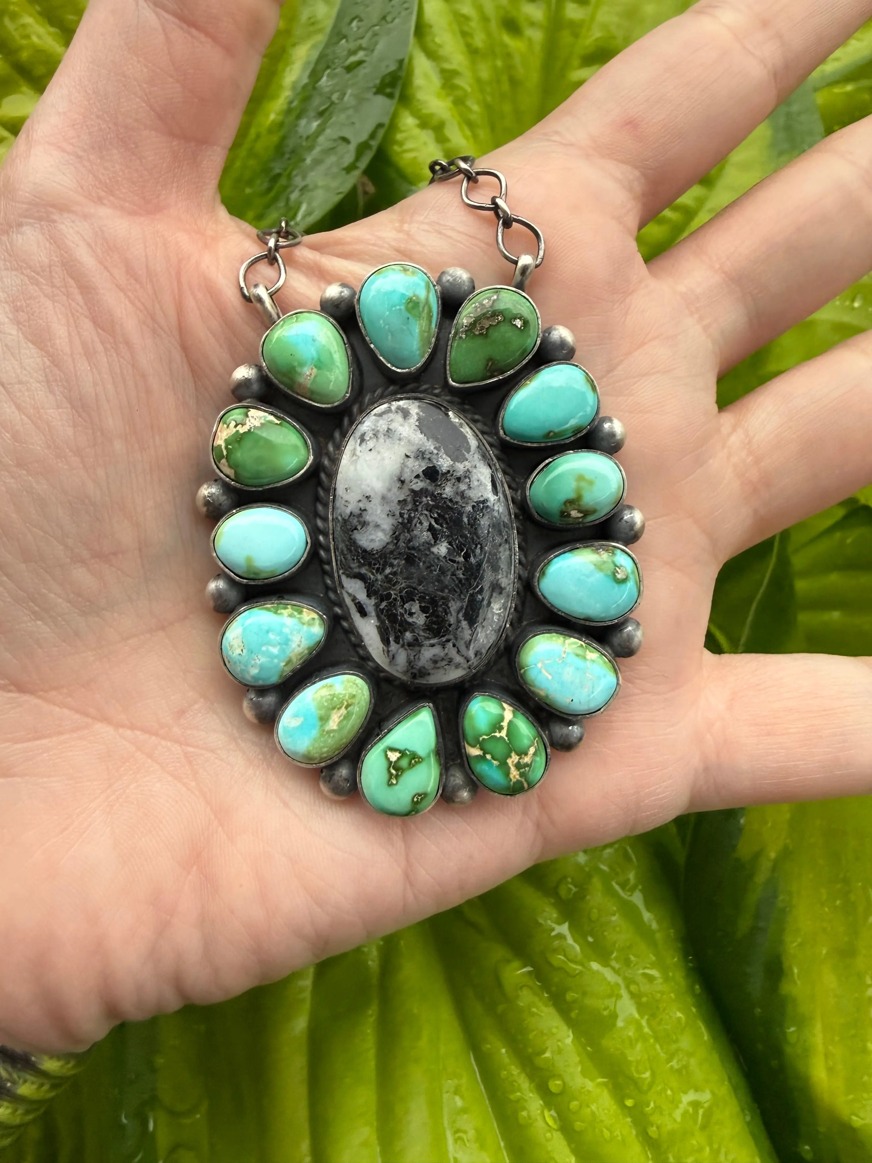 Navajo Sonoran Gold Turquoise and White Buffalo Full Flower Cluster Sterling Silver Necklace
