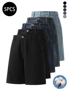 Pack of 5 men’s denim shorts for summer: straight-leg, loose fit, three-dimensional patchwork design, mid-thigh length; high cotton content, washed denim; versatile American vintage men’s shorts.