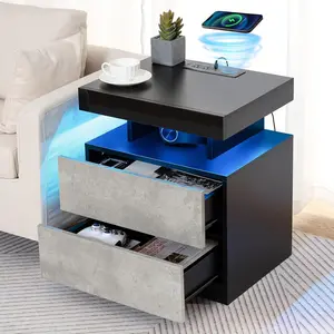 LED Nightstand with   Station & USB Ports High Gloss Bedside Table with LED Light RGB Adjustable Brightness  Nightstand 2 Drawers Night Stand for Bedroom Grey
