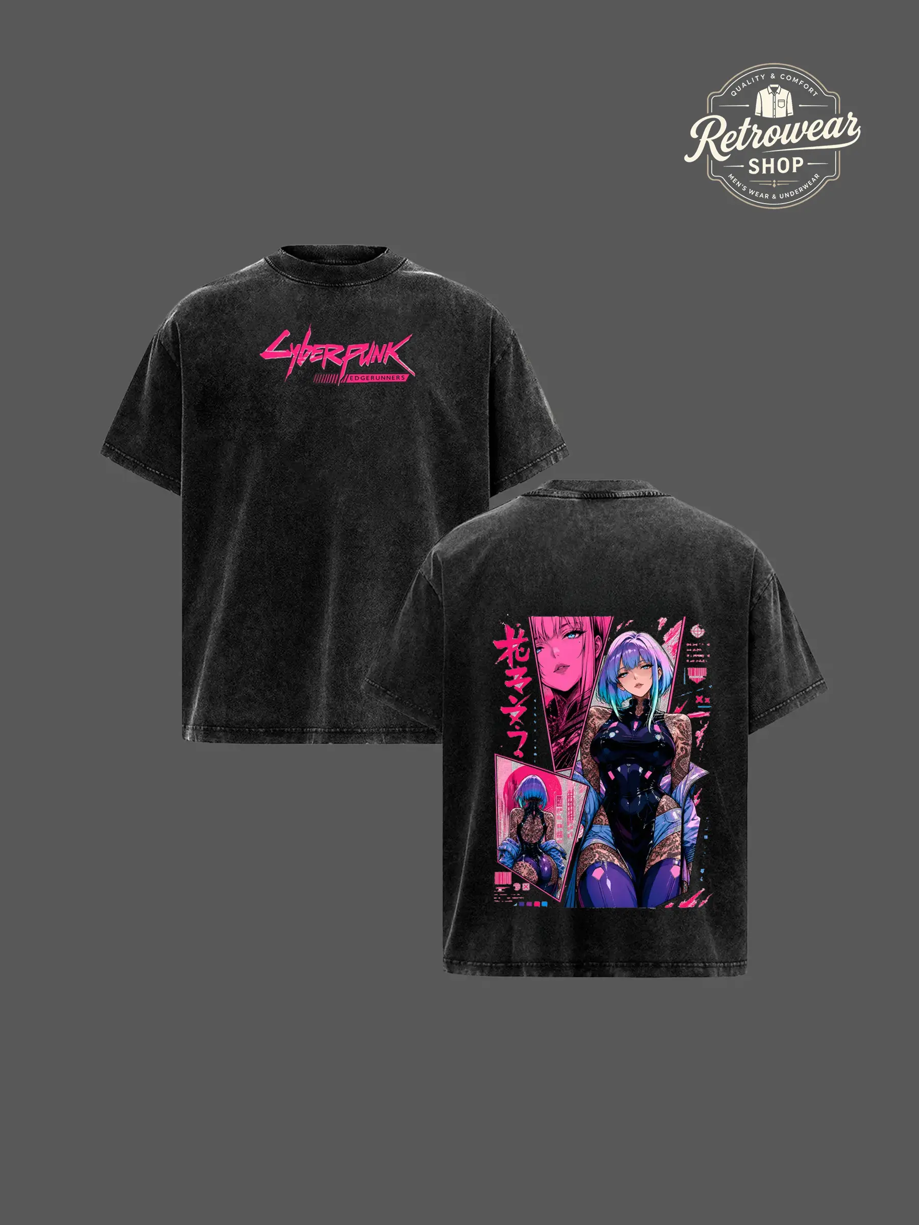 Men's Lucy Cyberpunk Edgerunners Cyber Rebel Vintage Washed Round Neck Short-Sleeve T-Shirt - Neon Femme Netrunner Lonely Dreamer Aura Graphic, Large Back Print Menswear Streetwear Top, Shortsleeve