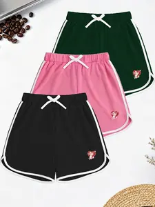Girls' Valentine's Day Essential Shorts, Heart Print, Contrast Color Trim, Elastic Waist, Soft Cotton Blend, Suitable for School and Play