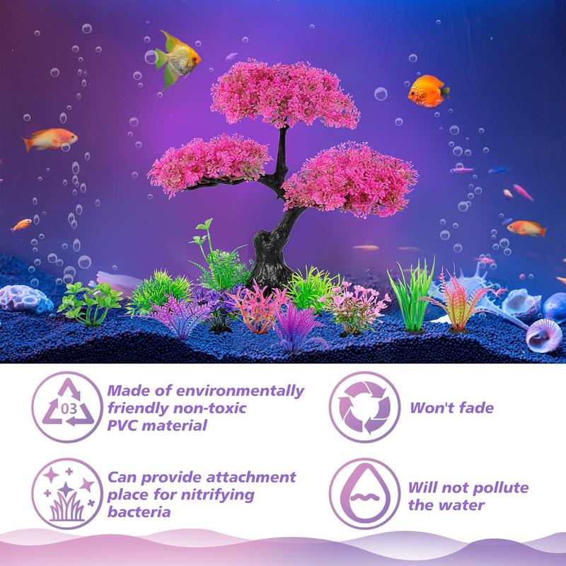 Aquarium Artificial Plastic Plants Decoration, Pink Cherry Blossom Tree