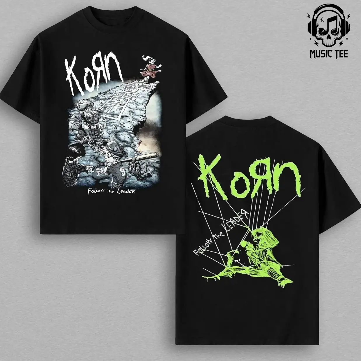 KoRn Follow The Leader T-Shirt Nu Metal Band Graphic Tee Hopscotch Cliff Design Neon Green Puppet Back Print Black Standard Unisex Tee Concert Merch Gift for Metal Fans Sick New World 2026 Tour Streetwear 0BE