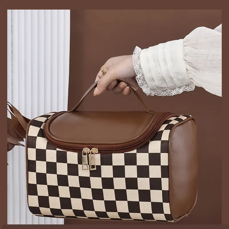Checkerboard Wash Storage Bag Large Capacity Retro Portable Makeup Bag Storage Handbag Vintage Vanity Bag Travel Cosmetic Bag, Makeup Pouch, Cosmetic Travel Bags
