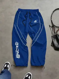 Men's Fashion Letter Print Pants, Taslon Fabric, Colorblock Stripes, Casual Sport Long Pants, Ideal for Daily Wear, Outdoor Hiking