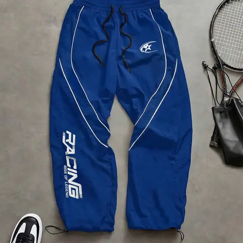 Men's Fashion Letter Print Pants, Taslon Fabric, Colorblock Stripes, Casual Comfy Sporty, Casual Sport Long Pants, Ideal for Daily Wear, Outdoor Hiking, Casual Sportswear Pants, Casual Sporty Pants