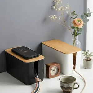 Bamboo & Wood Cable Storage Box, Data Cable Management Box, Power Cord Organizer, Computer Cable Shelf, Outlet Protector Socket Cover