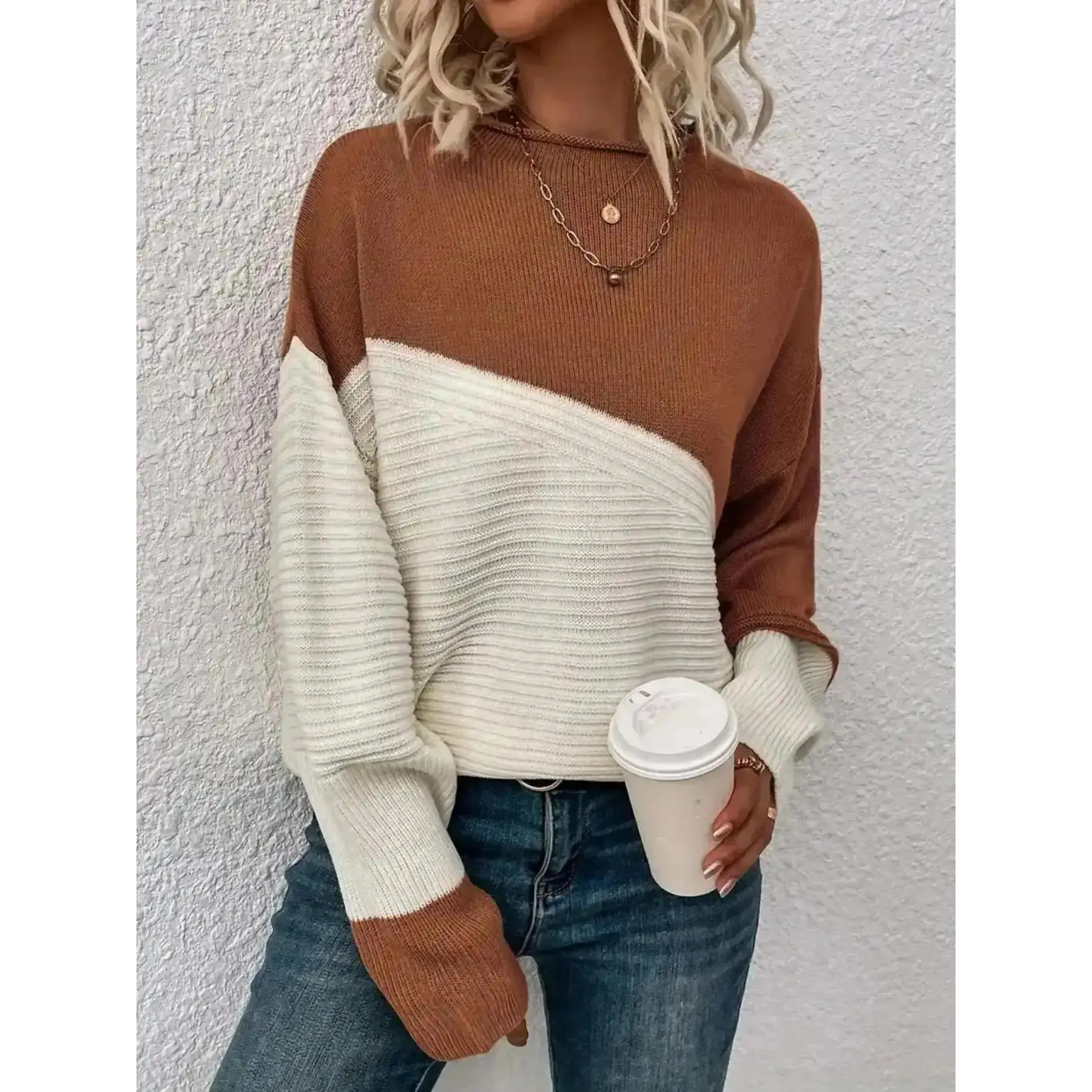 Women Colorblock Drop Shoulder Sweater 2026 Casual Long Sleeve Round Neck Jumper Ladies Knitwear Everyday