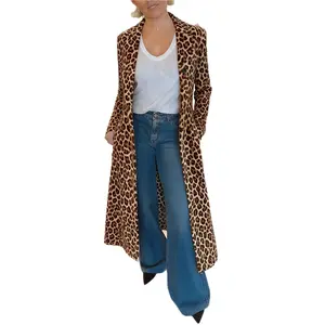 Leopard Print Trench Coat Autumn Winter Women Suit Collar Long Casual Coat