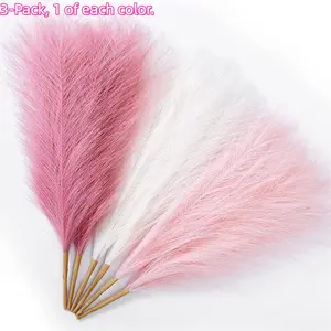 3pcs Pampas Grass Pink 17inch 21 branches Artificial Pampas Grass Faux Pink Pompas Grass Decor, Short Pompous Grass Blush Room Decorative Decoration, Wedding Centerpieces Mothers Day Pink Home Decor Set Ornaments