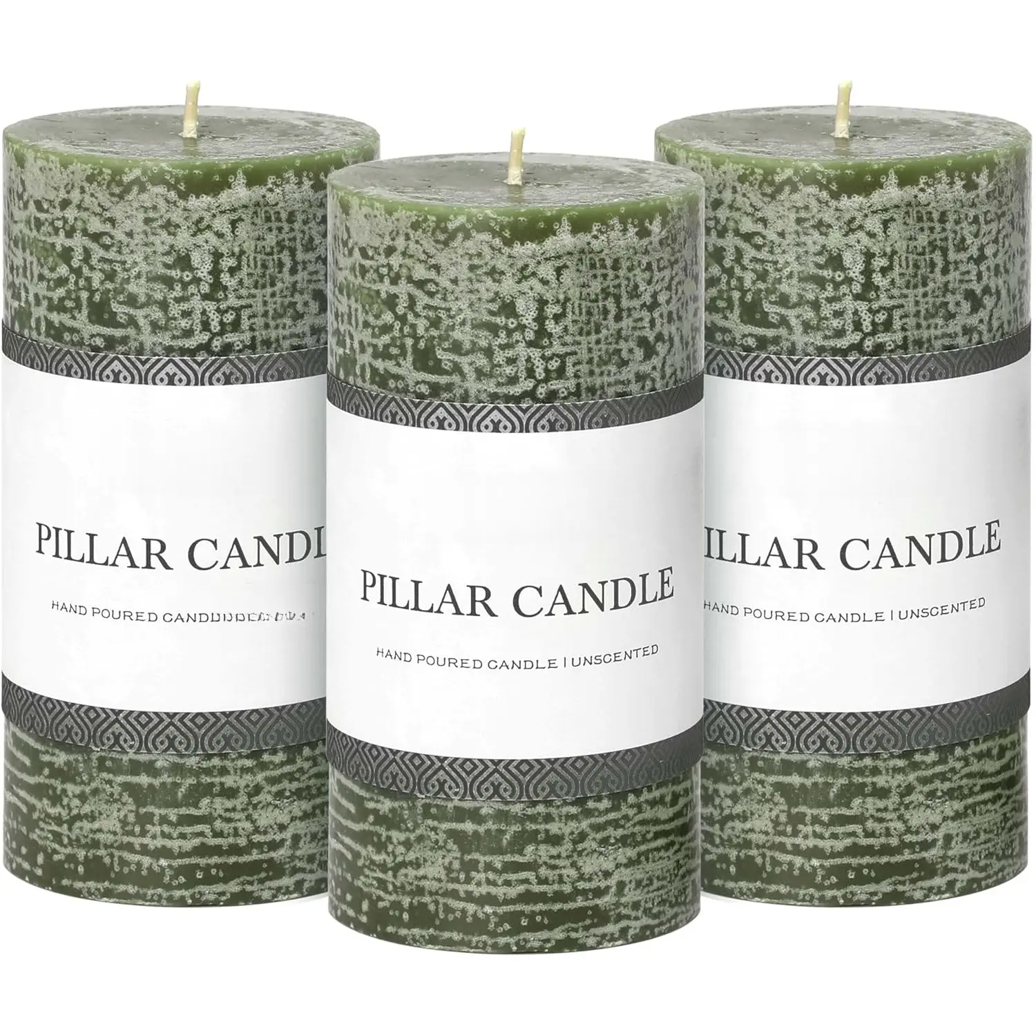 3x6 Inch Moss Green Pillar Candles Set of 3 - Unscented Spring Candles, Long Clean , Large Big Candles,  Dripless Candles for Spring Home Decor, Dinner Table, Bathroom, Rustic Decor