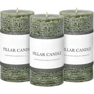 3x6 Inch Moss Green Pillar Candles Set of 3 - Unscented Spring Candles, Long Clean , Large Big Candles,  Dripless Candles for Spring Home Decor, Dinner Table, Bathroom, Rustic Decor