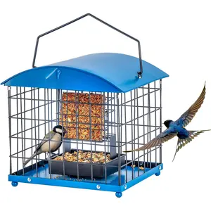 Caged Suet Bird Feeders -Proof, Dual-Purpose Suet &Seed  Bird Feeders with Tray, Starling-Proof Metal Caged Bird Feeders Outdoors Hanging, 2 Suet Cakes+1lb Seed Capacity, Blue