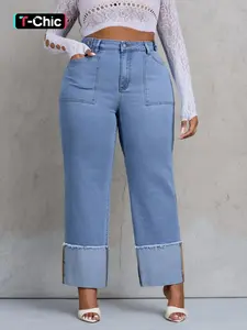 Women's Plus Size Elastic Denim Jeans, Fit, Pants, Cuffed Hem Design, Stretch Fabric, Large Pockets, Casual Fashion, All Seasons Wear