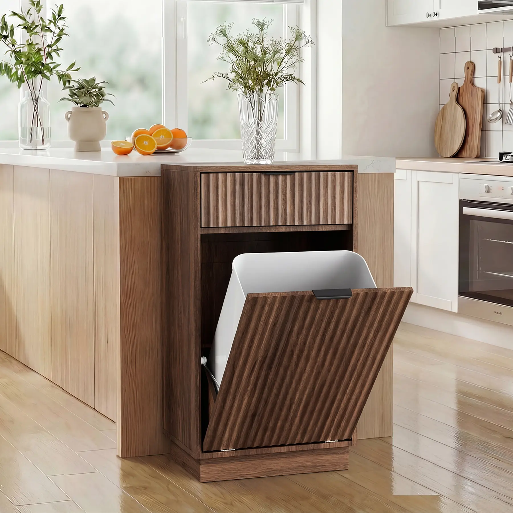 Oakault Durable Tilt-Out Trash Can Cabinet - 10-Gal Capacity, Hidden Trash Bin, Storage Drawers, Wave-Textured Drawer, Laundry Hamper Cabinet, House Decor (Walnut)