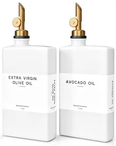 White Glass Olive Oil Dispenser Bottle for Kitchen - Avocado Oil Dispenser Set, Vanilla Syrup Bottle - Modern Decor, Gold Kitchen Accessories for Home, Airbnb, Cafe (White, Set of 2)