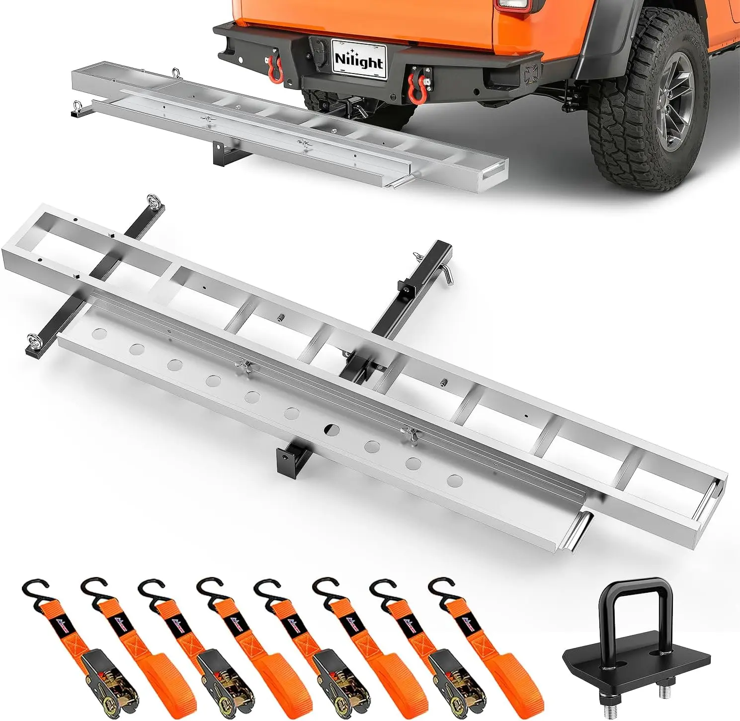 Nilight 400LBS Motorcycle Hitch Carrier, Lightweight Robust Aluminum Dirt Bike Hauler with 55" Long 75.86"l*6.98"w Ramp, 2" Receiver, Pin Lock, 4 Ratchet Straps, Hitch Tightener, 5" Wide Tire, Extended Ramp, Secure Loading, 400 Lbs, 55" Long Ramp