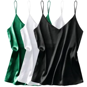 Women's 3-Pack Basic Casual Comfortable Camisole - Silky Polyester Satin V-Neck Adjustable Spaghetti Strap Loose Sleeveless Tank Top, Versatile for Bridal Wear, Pairing with Leggings & Skirts
