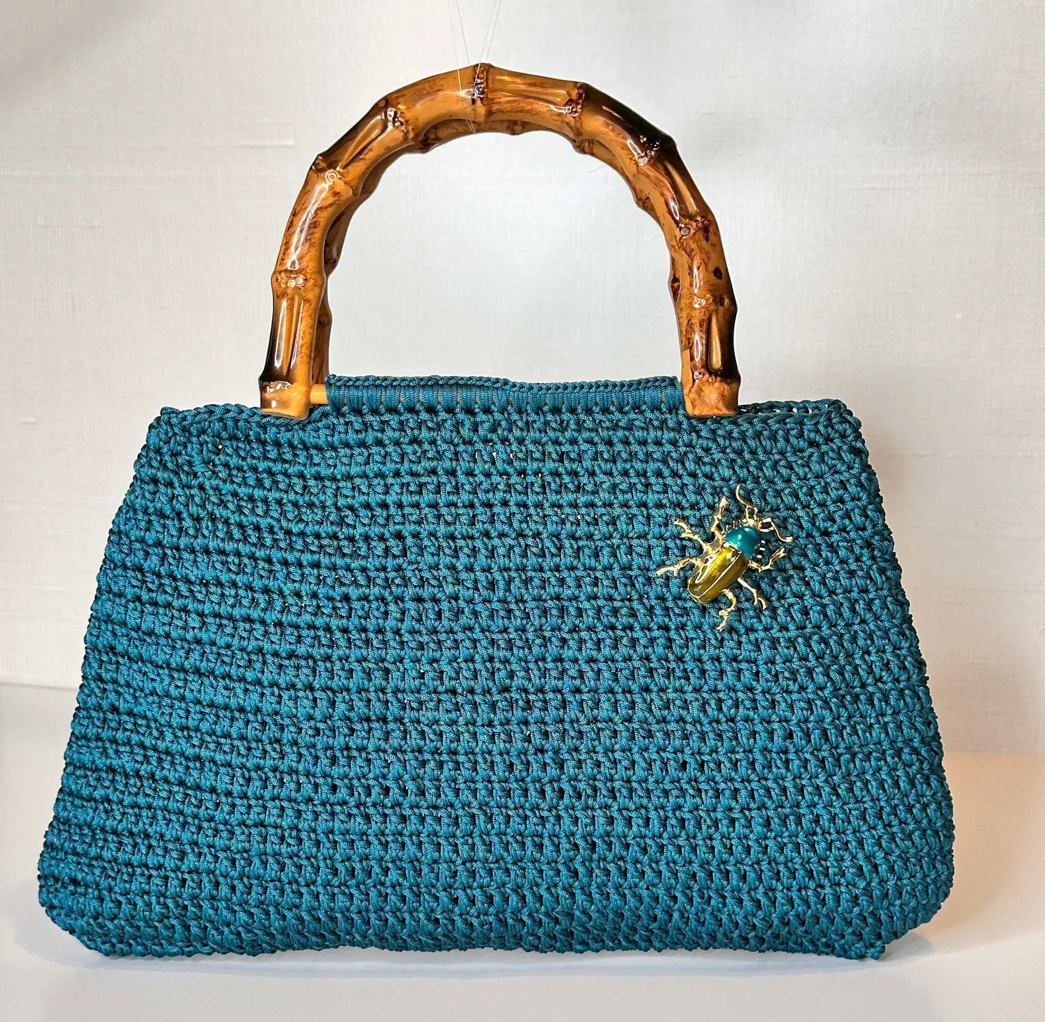 Euphemia Handwoven Bag - Teal Crocheted Purse with Arched Bamboo Handles & Scarab Pin - 7" x 6" x 0.5" - Earthy & Elegant Design - No Warranty