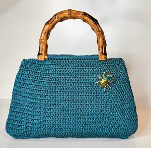 Euphemia Handwoven Bag - Teal Crocheted Purse with Arched Bamboo Handles & Scarab Pin - 7" x 6" x 0.5" - Earthy & Elegant Design - No Warranty