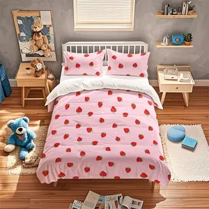 3pc red strawberry print bedding set, a sweet pink duvet cover set for Valentine's Day, includes one duvet cover and two pillowcases. A perfect gift for a friend, suitable for single or double beds, ideal for bedrooms, dormitories, and hotel apartments
