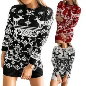 Women’s Christmas knitted dress featuring an elk and snowflake motif, round neckline, long sleeves, and a short skirt—an elegant autumn design.