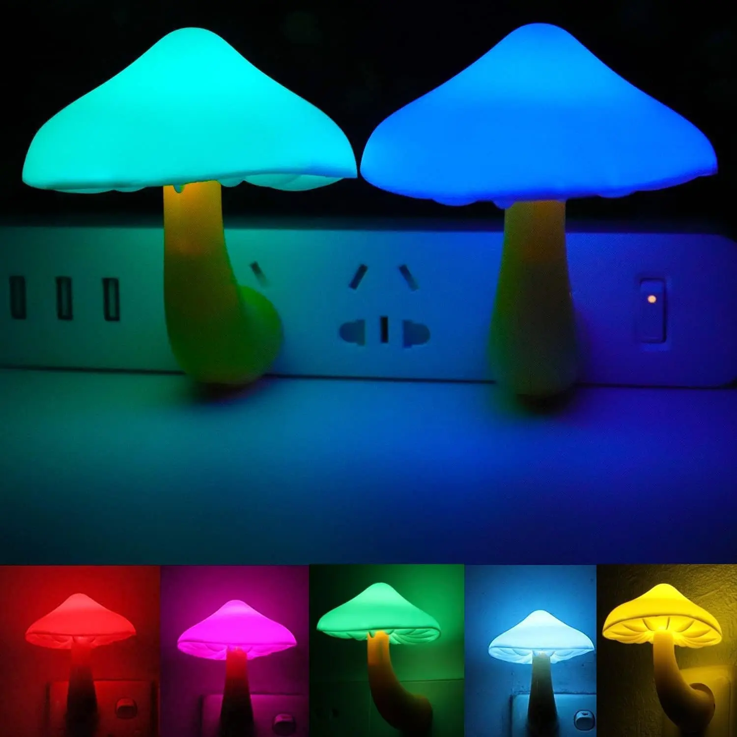 AUSAYE 2 Pack LED Cute Mushroom Night Light Plug into Wall Lamp 7-Color Changing Sensor Night Lights for Kids Adults Bedroom,Bathroom,Kitchen and Stairs NightLight Birthday