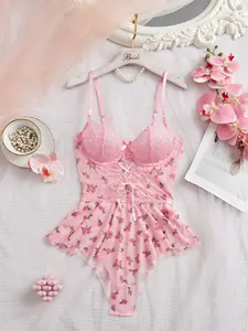 Women's Sexy Lace Patchwork Bodysuit Jumpsuit, Comfortable Sleeveless Floral Pattern, Fitted All Seasons Fashion, Perfect for Casual Wear, Floral Lace Lingerie
