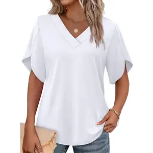 WIHOLL FASHION Womens Summer Tops Short Petal Sleeve Shirts Fashion V Neck Outfits Clothes