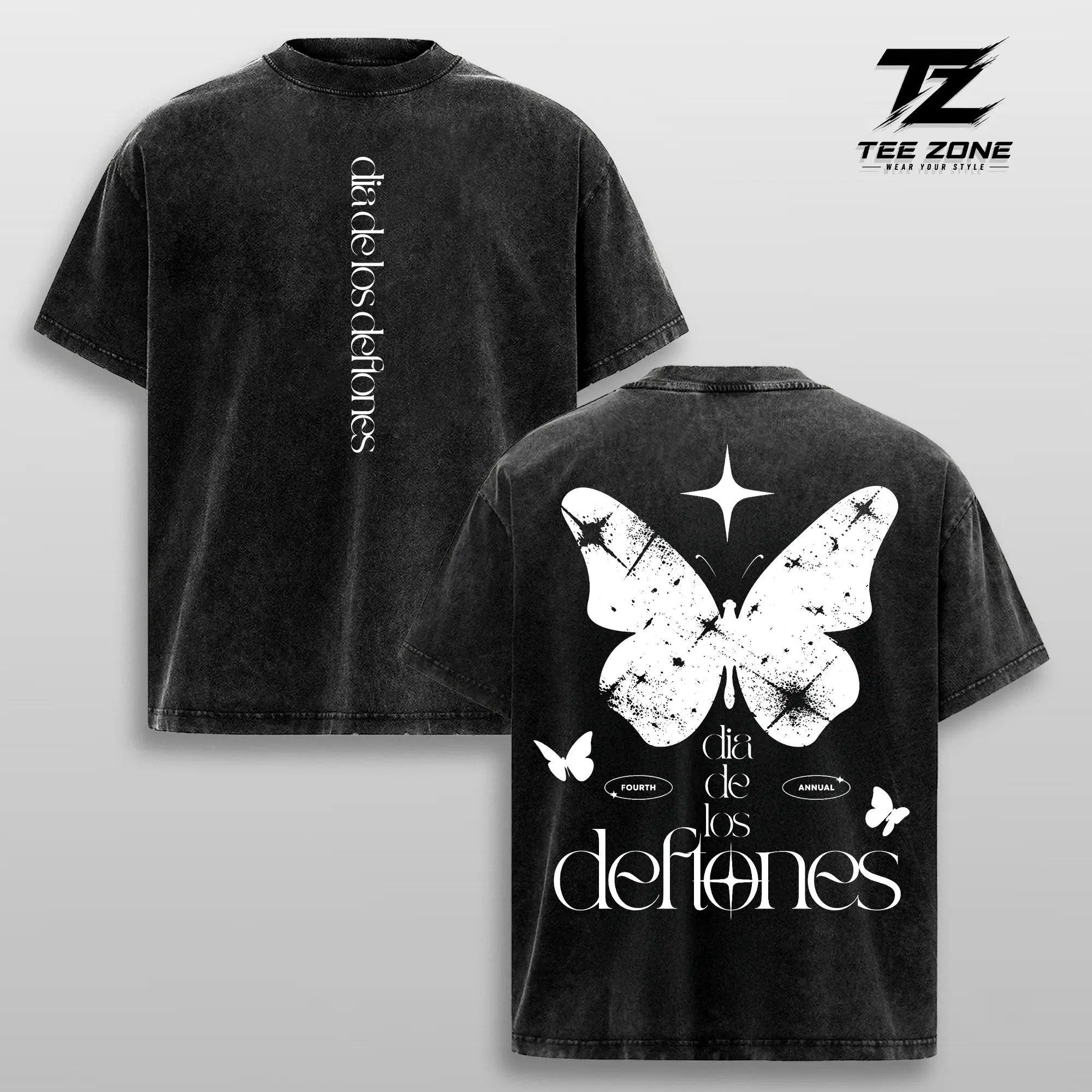 Deftones Dia De Los Deftones Butterfly Vintage Washed Oversized Graphic Tee Heavyweight Cotton Band Shirt Double Sided Streetwear
