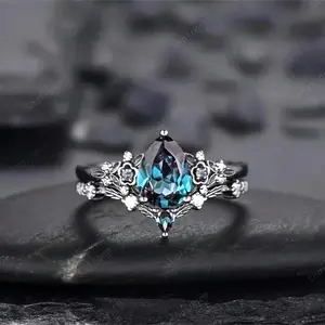 Gothic 2Pcs Black Gold Pear-Shaped Alexander Engagement Ring Set - Black Flower Promise Ring, Platinum Black Magic Bride Jewelry