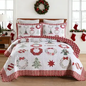 3 Piece Candy Christmas Quilt Bedspread Set - Holiday Bedding Set with Quilt & Pillow Shams for Queen Size Bed - Festive Flat Weave Design