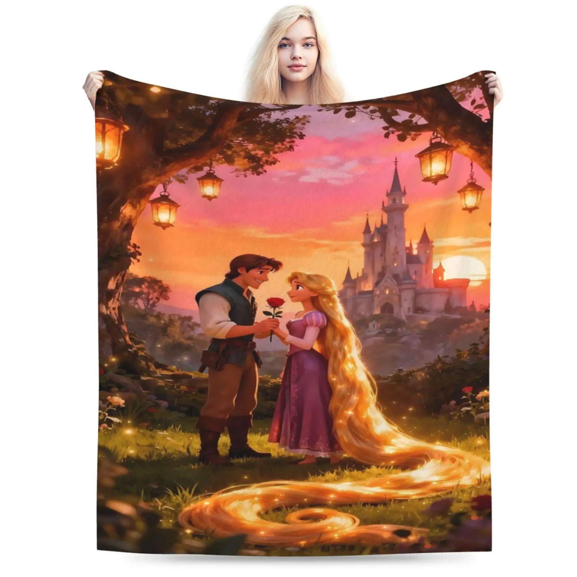 [SummerVibes] DISNEY CLASSIC Rapunzel and Flynn Rider Throw Blanket – Romantic Tangled Scene with Castle, Lanterns, and Glowing Hair, Soft Fleece Blanket for Kids or Bedroom Decor