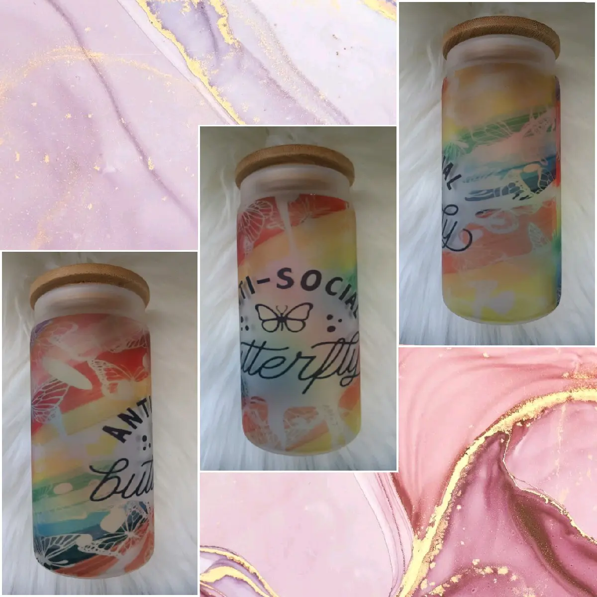 16 oz Frosted Glass cup with bamboo lid Anti-Social Butterfly