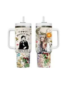 40oz Boho Music Lover Tumbler With Handle, Floral Moon Magic Travel Mug, Stainless Steel Insulated Cup With Straw
