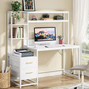 LITTLE TREE 55 Inch Computer Desk with 2 Drawers and Storage Shelves, Rustic Office Desk with Hutch, Study Writing Gaming Table Laptop Workstation for Home Office (White) Cabinet Furniture