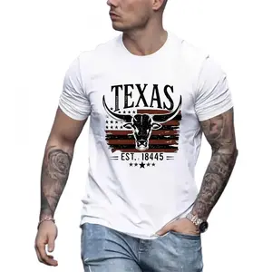 Texas Pride Bull Head T-Shirt Soft Comfortable Fabric Round Neck Short Sleeves Machine Washable Casual Summer Top for Men Streetwear Crewneck Shortsleeve Menswear Tshirt Top Man Biker Black Tropical