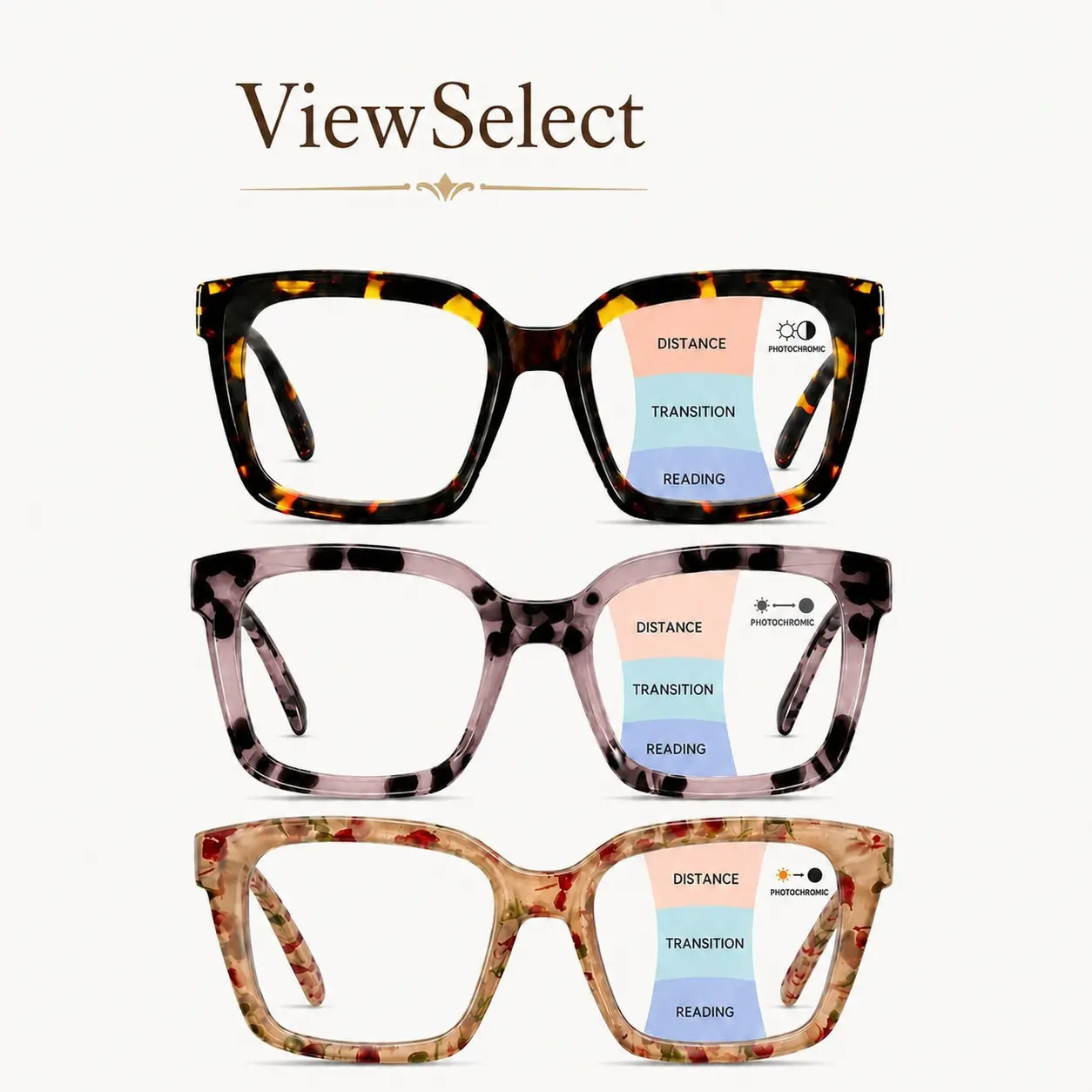ViewSelect Photochromic Progressive Multifocal Reading Glasses for Women, Clear Indoors Tinted Outdoors, Lightweight Spring Hinge Readers with Anti-Lost Lanyard