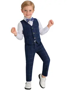 Elegant Plaid 3-Piece Vest Set for Toddlers, Kids & Teen Boys | Vest + Elastic Waist Pants + Bow Tie | Formal Outfit for Birthdays, Weddings, School Ceremonies & Performances | Sizes 100-150cm (Shirt Not Included)-19091