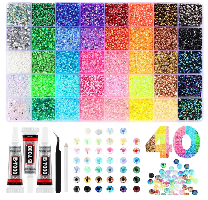 Back to School Bedazzling Kit - 50,000 Pcs 3mm Jelly Rhinestones Flatback Gems (40 Colors) with 3 Pack B7000 Glue | DIY Craft Set for Decorating Clothes, Shoes, Supplies & Diamond Art