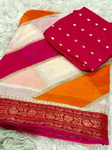 Cream Crepe Chiffon Saree with Pink & Orange Lahariya