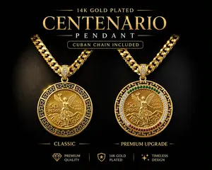 14K Gold Plated 50 Pesos Centenario Upgraded Cuban 2.6" Centenary Pendant Fashion Chain Unisex Jewelry
