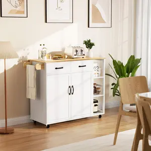 Spacious Rolling Kitchen Island Cart - 43.12-Inch Storage Cabinet with Drop Leaf, 2 Drawers, 3-Tier Spice Rack, Towel Holder - Portable Organizer Table for Dining Room, White