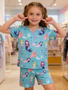 Girls' Mermaid Theme Cartoon Pattern Sleepwear Set, Soft & Comfortable Home Wear, Casual Fitted Pajamas, Animal Print Design