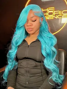 Mint Blue Body Wave Wig Teal 13x4 Lace Front Wig Soft HD Transparent Lace Wavy Wig Pre-Plucked Hairline Heat-Resistant Synthetic Wig Teal Music Festival Look Lace Frontal Wigs for Women Parties Cosplay Stage 28 Inches