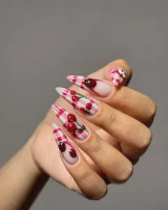 Luxury 3D Cherry & Ladybug Press On Nails, Pink Gingham Picnic Core Handmade Cottagecore Stiletto Fake Nails, Summer Gift for Her