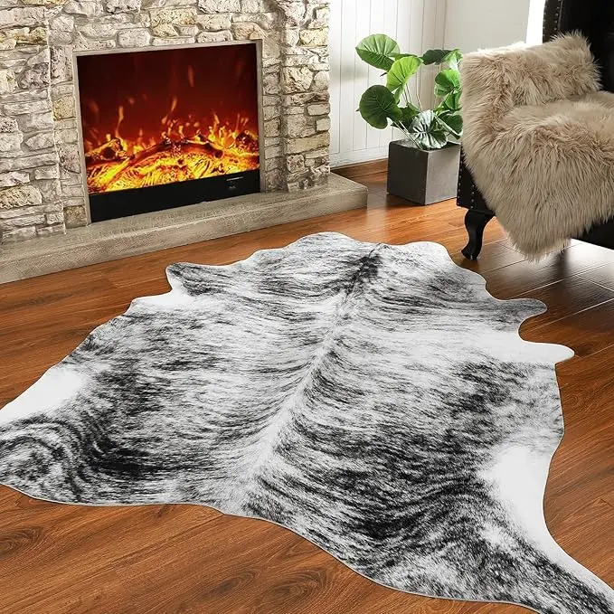 Rustic Faux Cowhide Rug - Low Pile, Durable Animal-Print Carpet with Cowhide Texture, Washable TPR Backing for Bedroom, Living Room Wall & Floor Decor, Animals